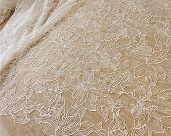 Embroidery Lace Fabric in Off White, Soft Floral Tulle lace fabric,For Wedding Gown, Bridal Lace Fabric, by the yard