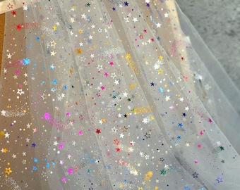 Glitter print star gradient white tulle lace fabric For Girl Dress Tutu Dress Wedding Dress Bridal Veil 1 yard