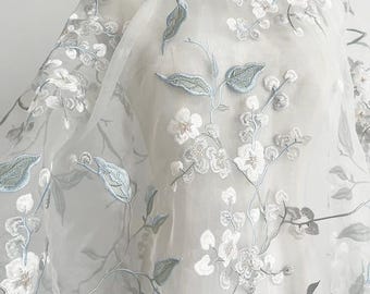 Tela de encaje bordado de organza blanca, tela de tul de malla de encaje para vestido de novia, tela de encaje nupcial, cortada a medida.