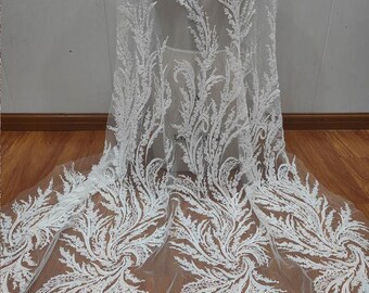 Luxury White Ivory Sequin beaded Lace Fabric for Bridal Wedding Dress, Mesh Embroidery Tulle flower applique fabric by the yard