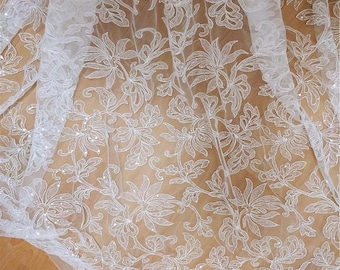 White Ivory heavy Sequin bead Lace for Bridal Wedding Dress, Embroidery Tulle flower applique fabric by the yard