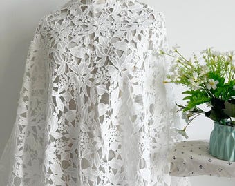 White Delicate Flower Floral Embroidery for Bridal Lace Fabric for Bridal Wedding Dress, Mesh Embroidery Tulle flower applique fabric