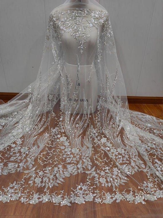 White Sequin beaded Lace Fabric Quality Embroidery Beaded Fabric By The Yard for Bridal Dresses & Apparel White Sequin beaded Lace Fabric Quality Embroidery Beaded Fabric By The Yard for Bridal Dresses & Apparel