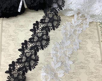 3.15" Wide Pretty Black White Embroidery Lace,Cotton Lace Trim, Embroidery Guipure Vintage Trim,Off-White Crochet Border Ribbon