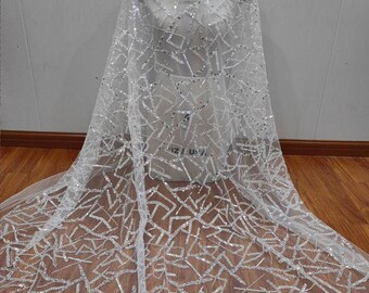 White Sequin Pearl beaded Lace Fabric for Bridal Wedding Dress, Mesh Embroidery Tulle flower applique fabric by the yard