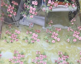 Pink Flower Embroidery Floral White Tulle Lace Fabric for Bridal Fabric Wedding Fabric Headband Fabric Veil Fabric 51" width
