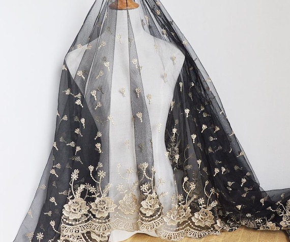 Black Tulle Gold Embroidery Floral Bridal Lace Fabric Wedding