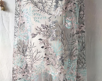 Pink Green Floral Embroidery Lace Fabric for Bridal Fabric Wedding Fabric Headband Fabric Veil Fabric 51" width