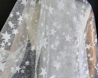 soft Tulle Mesh Glitter Silver White Star Fabric with glitter star Sparkle Tulle Fabric White tulle fabric Wedding Lace with stars