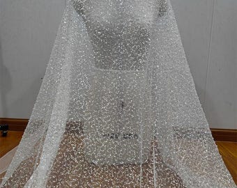 Heavy Embroidery Beaded Fabric By The Yard With Sequin for Bridal Wedding Dress, Mesh Embroidery Tulle flower applique fabric by the yard