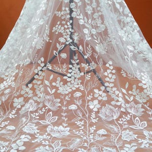 Boho Ivory Embroidery floral Lace Fabric for Bridal Wedding Dress,Mesh Embroidery Tulle flower applique fabric