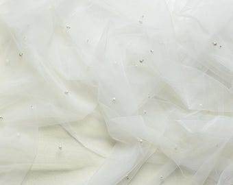 Tela de encaje de perlas y tul blanco para vestido de niña, vestido tutú, vestido de novia, velo de novia