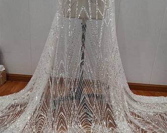 Ivory Sequin Pearl beaded Lace for Bridal Wedding Dress, Mesh Embroidery Tulle flower applique fabric by the yard