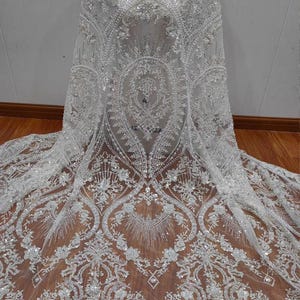 White Ivory heavy Sequin bead Lace for Bridal Wedding Dress,for Bridal Wedding Dress, Embroidery flower fabric by the yard
