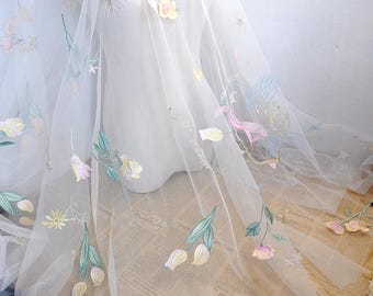 Pink Tulle Rose Flower Lace Fabric Soft Mesh Gauze Lace Fabric For Evening Gowns, Party Dress, Wedding Dress, 1 Yard