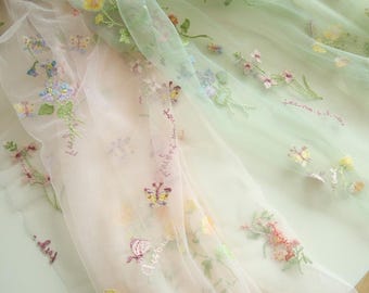 Light Pink Light Gren Tulle Delicate Small Floral Flower Embroidered Lace Fabric  for wedding bridal lace dress veil lace 1 yard 51" width
