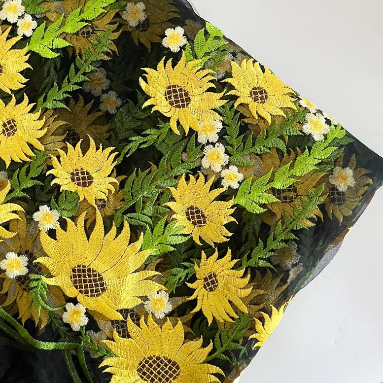Yellow Sunflower Black Apricot Tulle Embroidery Colorful Floral