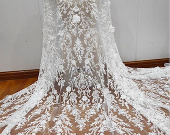 Tissu en dentelle ivoire avec sequins lourds, robe de mariée en dentelle avec perles, tissu géométrique en guipure de fleurs en tulle brodée de rayonne par mètre