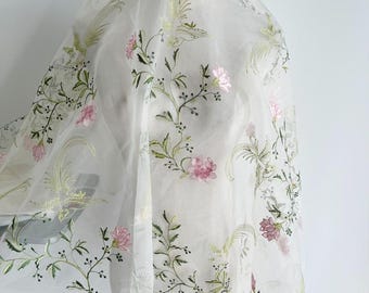Pretty Leafs Flower Embroidered Pink Floral Green Leaf Embroidery for wedding bridal lace dress veil lace 1 yard 51" width