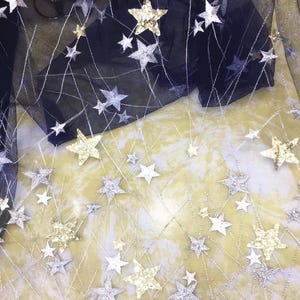 May include: Close-up of a fabric with a celestial theme. The fabric is a sheer navy blue with silver and gold star embellishments. The stars vary in size and are scattered across the fabric, creating a shimmering effect. The background is a light yellow.