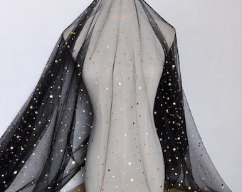 Soft Tulle Lace Gold Stars Printed Fabric Gold Embroidery Stars Lace Black Tulle for Party 51 inches Width