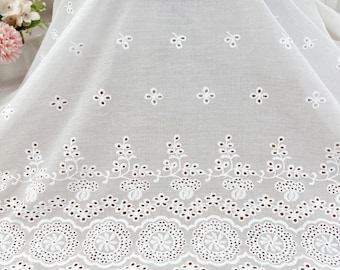 Cotton Lace Fabric Off White Eyelet Scalloped Borders for wedding dress, blouses, dress, tablecloth, curtains, home decor DIY