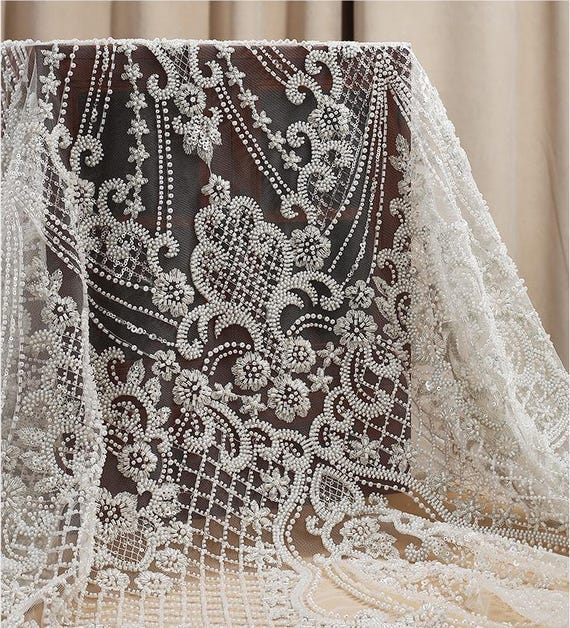 Off-white Heavy Sequin Beaded Lace Fabric, Beading Lace Bridal Wedding Dress, Gatsby Embroidery Tulle Flower Applique Fabric by the Yard