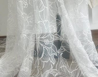 Lotus Flowers Tulle Mesh Lace Fabric for Bridal Dress, Wedding Dress Fabric, Tulle Lace Fabric By The Yard