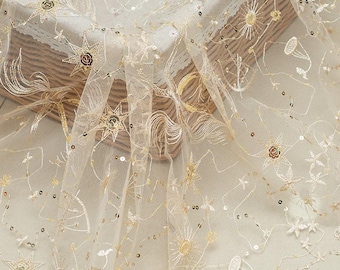 Apricot Tulle Gold Sequin Star Sun Horse Bridal Wedding Fabric For Girl Dress, Gown, Prom Dress 1 Yards