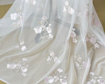 White tulle Pale Pink Flower Embroidered lace fabricFor Wedding Dress Bridal Dress Veil Girl Dress Tutu Dress 1 yard