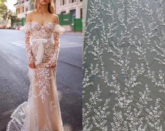 3D Beaded Lace Fabric, White Ivory heavy Sequin bead Lace for Bridal Wedding Dress, Embroidery Tulle flower applique fabric by the yard