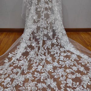 3D Floral Embroidery Lace Fabric Sequin beaded Lace Fabric Leaf Embroidery Tulle flower applique fabric by the yard