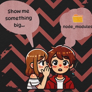 Op de afbeelding: Zwart T-shirt met een cartoon illustratie van een stel. Eén tekstballon zegt "Show me something big..." en de andere zegt "node_modules/". De achtergrond heeft een rood en zwart zigzagpatroon.