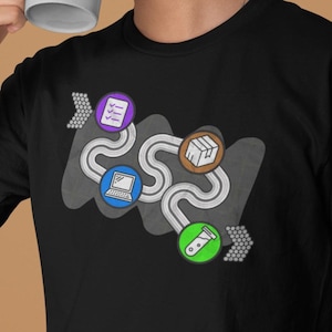 Peut inclure: T-shirt noir avec un motif graphique coloré représentant un chemin sinueux et des icônes. Une tasse blanche avec un dessin animé et du texte est tenue. Le design comprend un ordinateur portable, une boîte et un document.