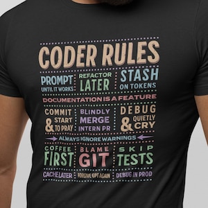 Puede incluir: Camiseta negra con texto colorido que dice "CODER RULES" y otras frases relacionadas con la programación. El diseño de la camiseta incluye frases como "PROMPT", "LATER", "STASH" y "FIRST GIT TESTS".