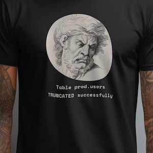 Può includere: T-shirt nero con un ritratto in scala di grigi all'interno di un cerchio bianco. Il ritratto è di un uomo con la barba e un'espressione severa. Sotto l'immagine, il testo recita "Table prod.users TRUNCATED successfully."