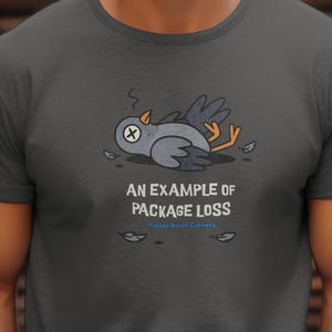 Op de afbeelding: Donkergrijs T-shirt met een cartoon van een dode duif met een X voor een oog. De tekst "AN EXAMPLE OF PACKAGE LOSS" staat onder de afbeelding. Het shirt is gemaakt van zacht materiaal.