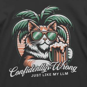 Peut inclure: T-shirt noir avec un chat de dessin animé portant des lunettes de soleil et tenant une chope de bière. Le design comprend un palmier et un coucher de soleil. Le texte dit "Confidently Wrong, Just Like My LLM."