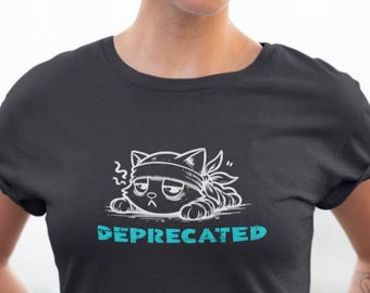 Funny Developer Shirt – Deprecated Tired Kitty Design – Unisex Cotton Programmer Humor Tee