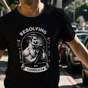 Puede incluir: Camiseta negra con una ilustración de estilo vintage de un boxeador con bigote y guantes de boxeo. El diseño incluye el texto "RESOLVING EVERY DAY GIT CONFLICTS" en una fuente decorativa, sugiriendo un tema de resolución de problemas.