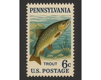 Plakat z nadrukiem pstrąga w stylu vintage: matowy pionowy plakat wędkarski