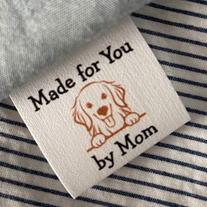 Custom sewing labels, sew in cotton, precut, loop fold sewingtags/labels with DOG BREED of choice, yorkie, Great Dane & more!