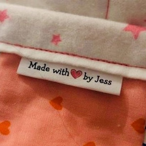 Custom Sewing  Precut or uncut, fray-less, loop fold cotton fabric labels with PINK heart graphic and 1&2 word name for personalization