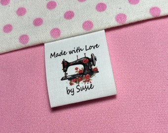 Custom   Custom sew in cotton, precut, loop fold sewingtags/labels with antique sewing machine graphic to add a personal touch!*