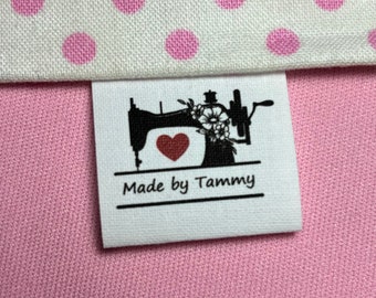 Custom Sewing Labels sew in cotton, precut, loop fold sewingtags/labels with sewing machine/heart graphic to add a personal touch!*