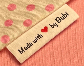 Custom   Precut, fray-less, loop fold cotton fabric labels with heart graphic and ONE WORD for personalization