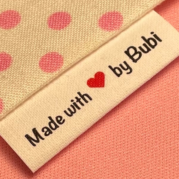 Custom   Precut, fray-less, loop fold cotton fabric labels with heart graphic and ONE WORD for personalization