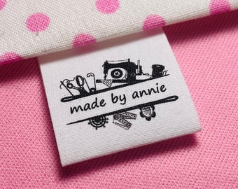 Custom   Custom sew in cotton, precut, loop fold sewingtags/labels with sewing items graphic to add a personal touch!*