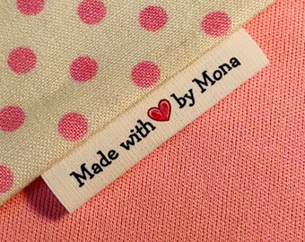 Custom Sewing Labels  Precut, fray-less, loop fold cotton fabric labels with pink heart graphic and 1&2 word name for personalization