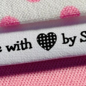 Custom   Fold sewing label tag precut Custom frayless, fabric sew in loop fold, 2 sided Sewing labels With heart graphic!*